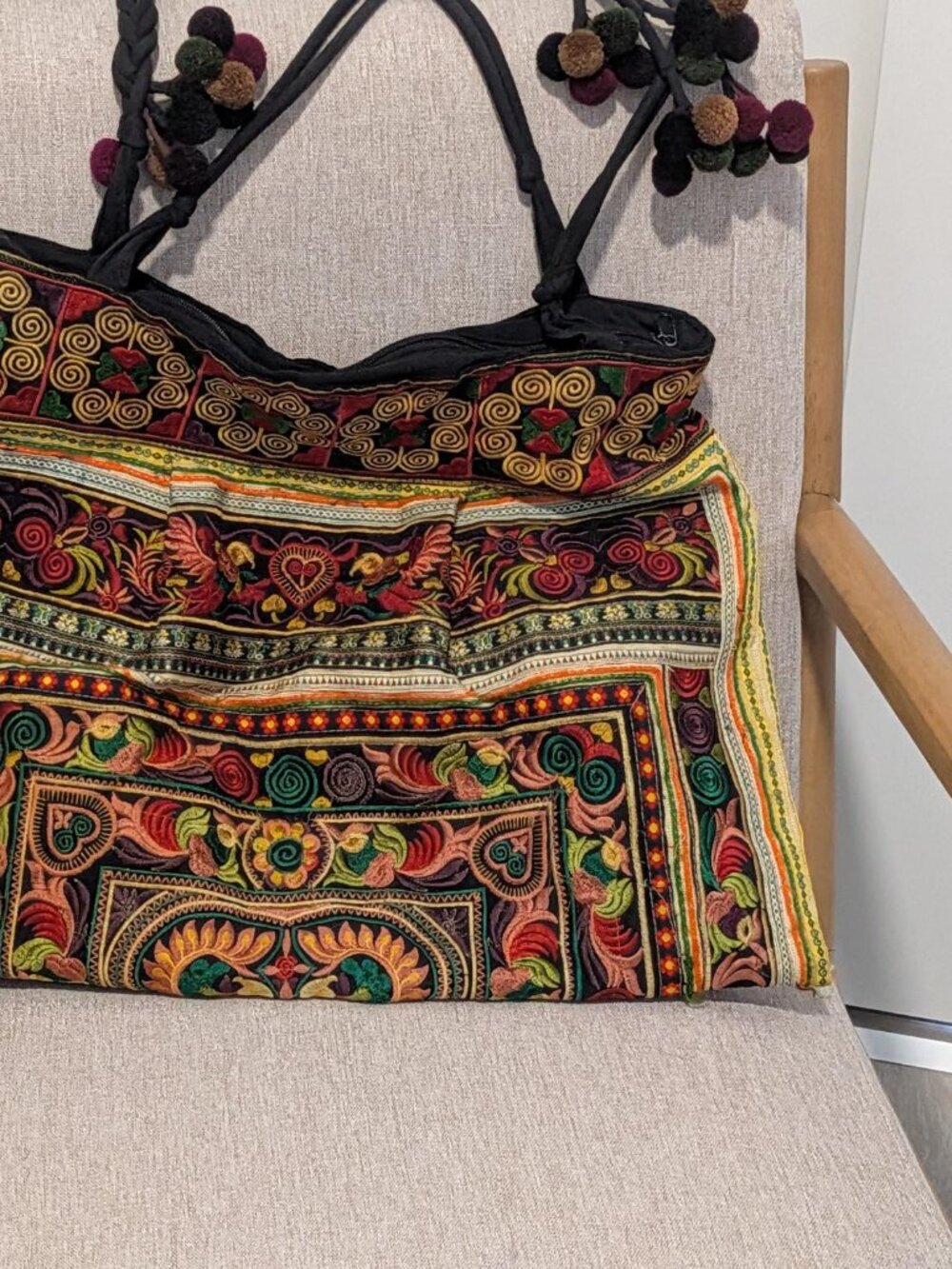 Embroidered Hmong Style Tote Bag with Pom-Poms - Bohemian Ethnic Style